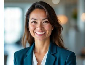 A portrait of a smiling, confident female registered dietitian in a modern, brightly lit office environment.