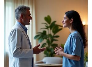 A professional functional medicine doctor consulting with a patient in a comfortable clinic setting, emphasizing a holistic approach.