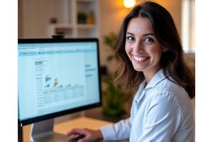A friendly, professional dietitian on a video call providing counseling to a client, with charts and data visible on a computer screen.