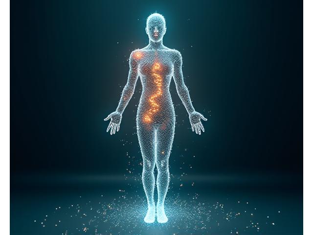 Abstract representation of intertwined DNA strands and glowing microbiome particles with nutrient molecules within a human silhouette, illustrating personalized nutrition based on genetic and gut health.