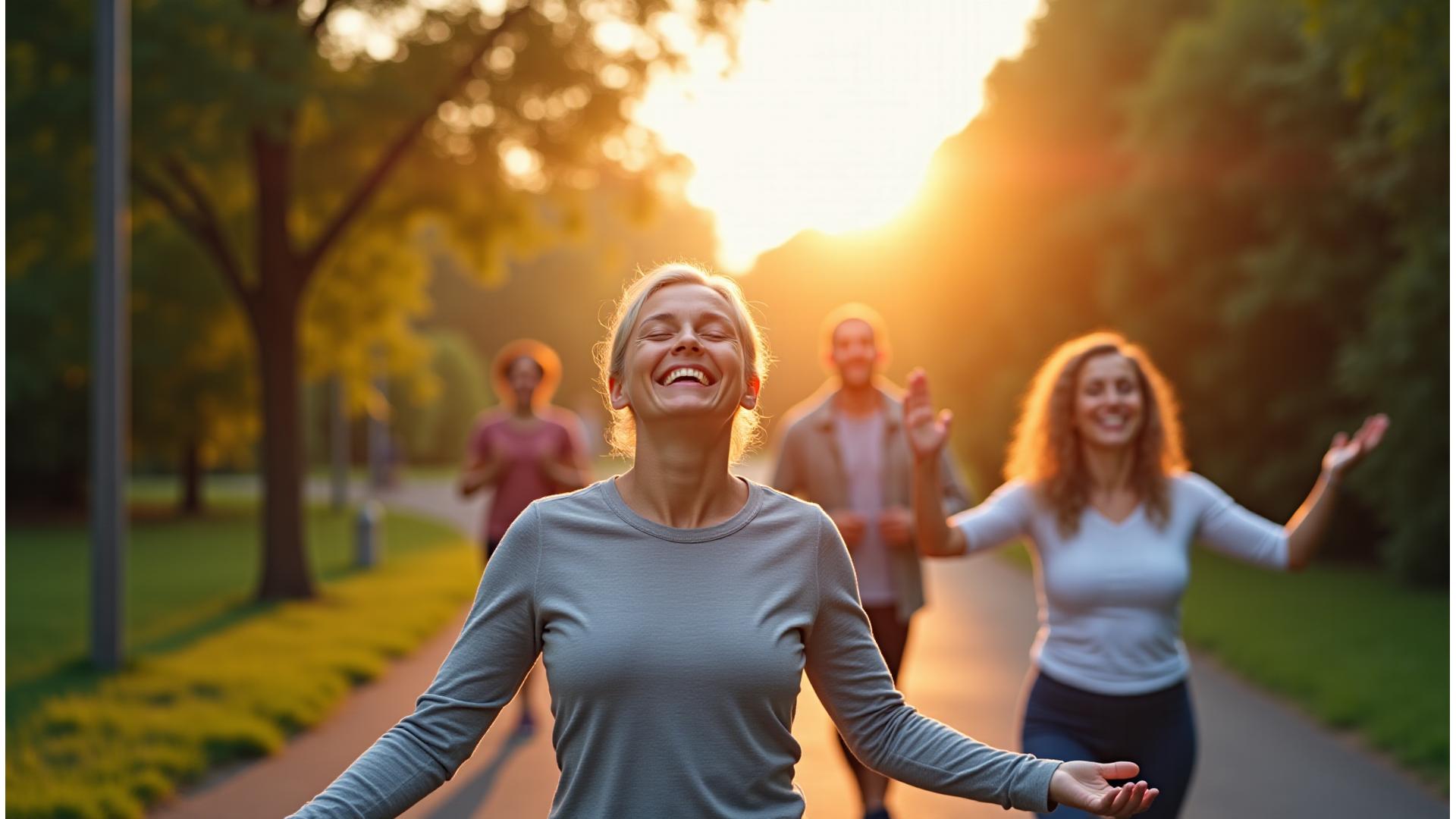 Diverse adults 35+ engage in vibrant, healthy activities like hiking, yoga, and cooking, bathed in warm, natural light, symbolizing active midlife wellness.
