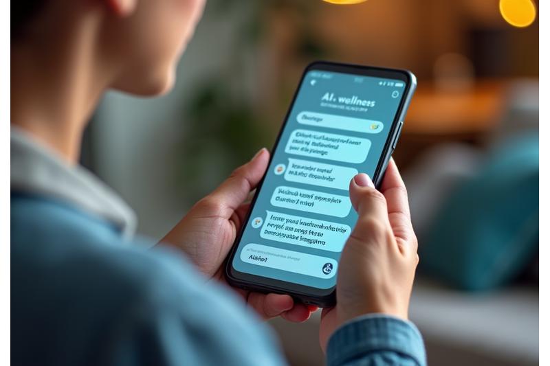 A user interacting with an AI wellness companion on a smartphone, showing a natural language chat interface with empathetic responses.