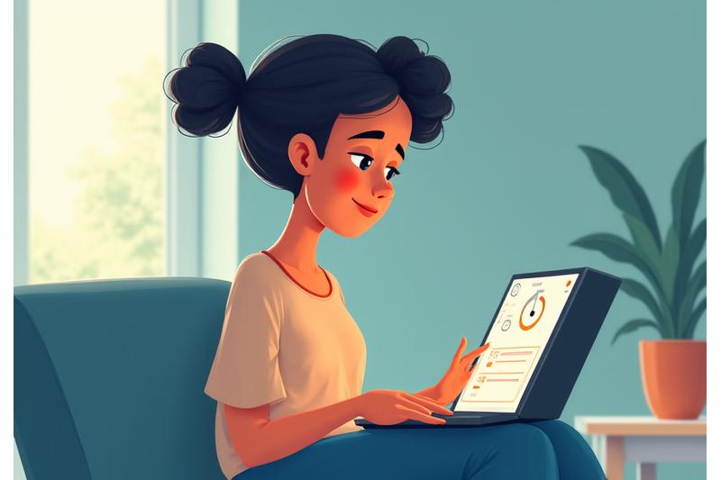 Person using a tablet to complete a mental wellness assessment, showing progress bar and calm, focused expression.