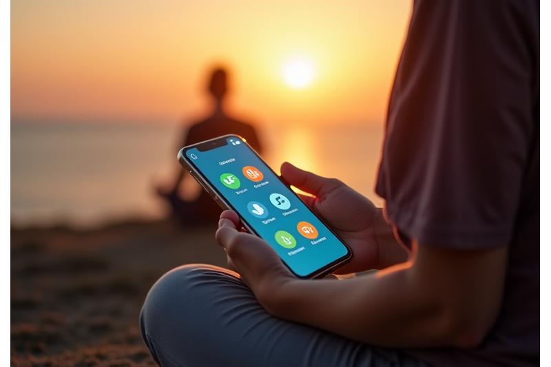 Multiple mindfulness and meditation apps displayed on a smartphone screen, with a serene background of a person meditating.
