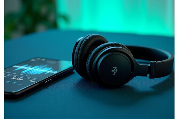 Headphones resting near a smartphone playing a serene sound therapy playlist, with ethereal lights in the background.