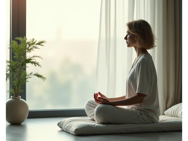 A person meditating calmly in a serene, modern indoor space with soft, diffused lighting, emphasizing stress reduction and mental clarity.