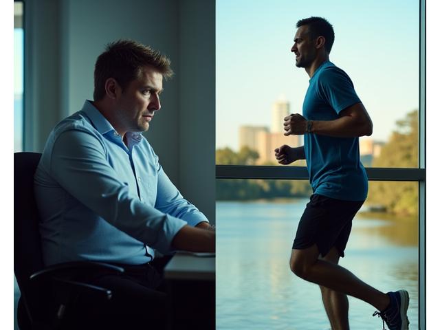 A before and after photo display of a professional in Boston, showing a noticeable positive health transformation over six months—perhaps looking more energetic and vibrant in the 'after' photo.