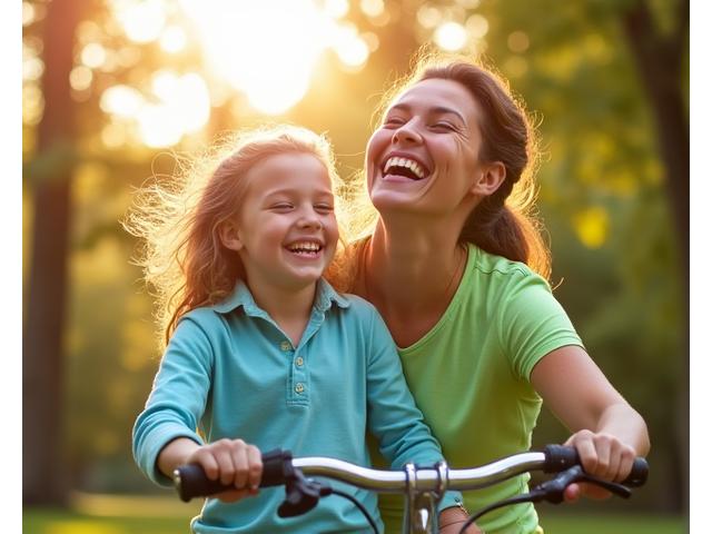 A candid, happy family photo featuring a parent and child enjoying an outdoor activity like cycling or playing in a park, radiating joy and reduced stress.